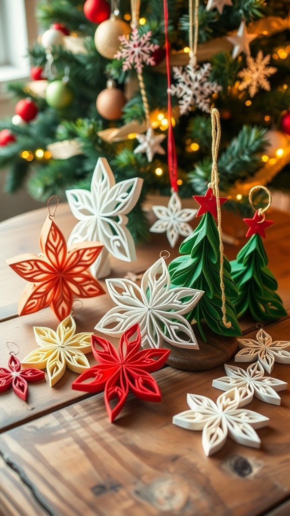 Quilled Christmas Tree Ornaments Colorful quilled Christmas ornaments including stars and snowflakes on a wooden table with a Christmas tree in the background.